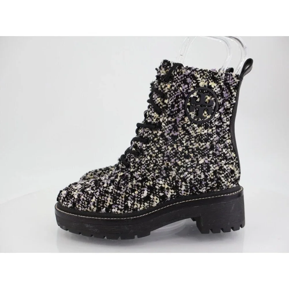 Tory Burch Miller Lug Sole Tweed & Leather Bootie Size 5 Black Women Combat Boot